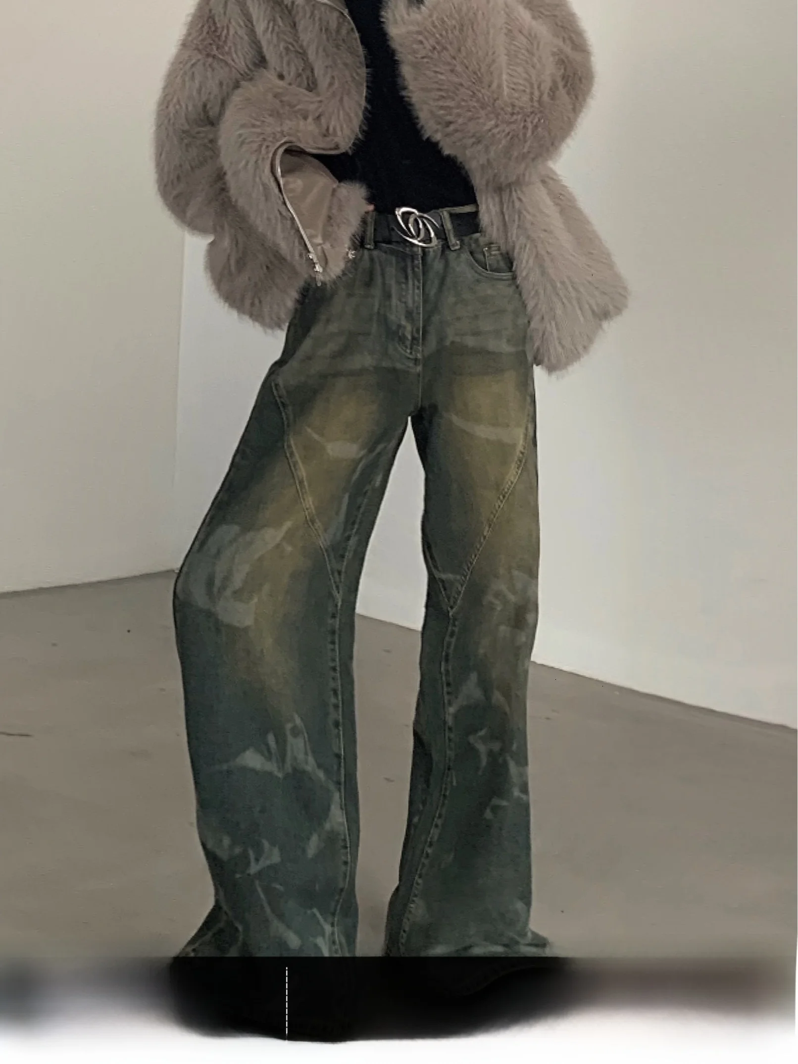 Retro American Denim Jeans Men High Waist Straight Leg Washed Design Sense Pants Asymmetrical Tie Dye Worn Resistant Jeans