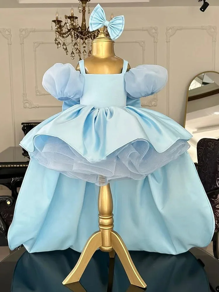 

Customized Sky Blue Flower Girl Dresses For Wedding Satin Short Sleeves Off Shoulder With Bow Lovely Kids Birthday Banquet Gown
