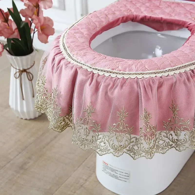 Toilet Cover Four Seasons Warm Three-piece Set Double Sided Zipper Home Lace Pattern Textile Crafts Protective Toilet Seat Pad