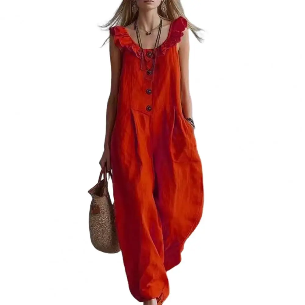 

Easy Care Women Jumpsuit Summer Jumpsuit for Women Women’s Ruffle Crew Neck Jumpsuit with Pockets Wide Leg Rompers Summer