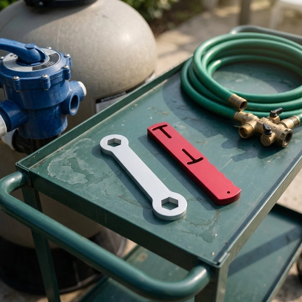 Aluminum Pool Maintenance Tool For Filters, 2-in-1 Drain And Housing Nut Wrench Drain Plug- And Shell Nut Wrench