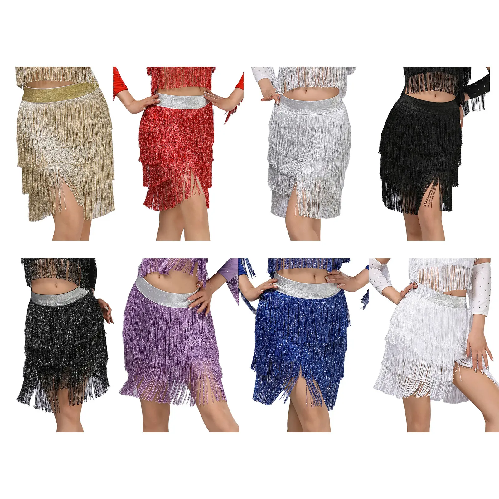 女性フリンジスイングラテンタンゴタッセルスカートダンスウェア光沢のある弾性ウエストバンドティアードスカートダンス衣装チャチャルンバサンバ