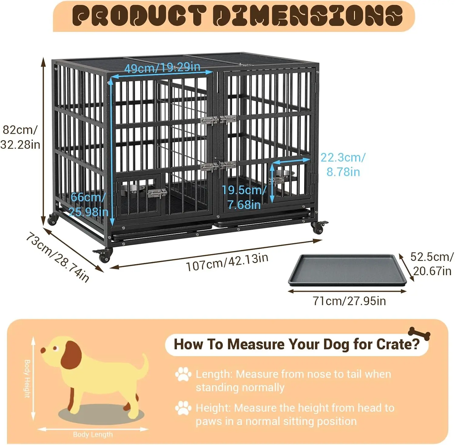 Garvee 42/48 inch Heavy Duty Dog Crate with 4 Lockable Wheels Double Door and Removable Tray Metal Pet Kennels Cage Playpen for Small Medium Large Dogs ﻿