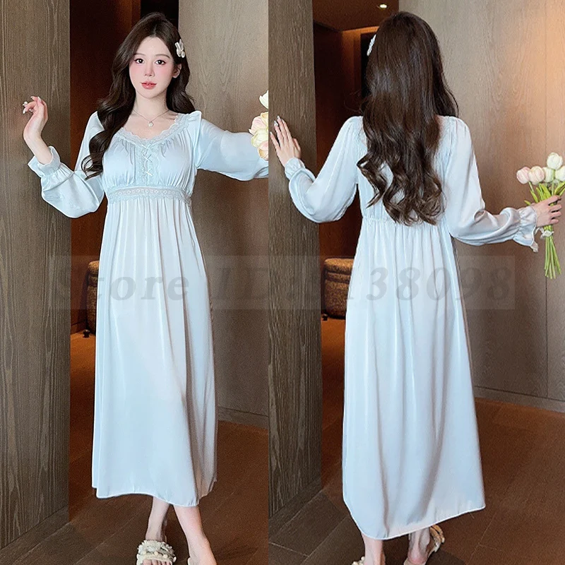 Princess Style Sweet Nightgown Sexy Square Neck Lace Edge Nightdress Loose Casual Home Dress Long Sleeved Silk Satin Nightwear