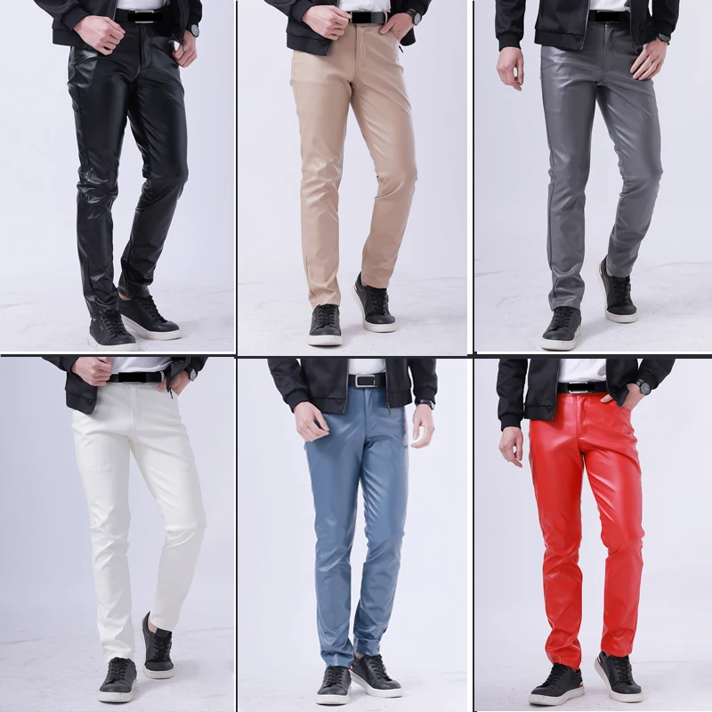 Men Leather Pants Skinny Fit Elastic Fashion PU Leather Trousers Wet Look Stretch Faux Leather Motorcycle Pants Thin Streetwear