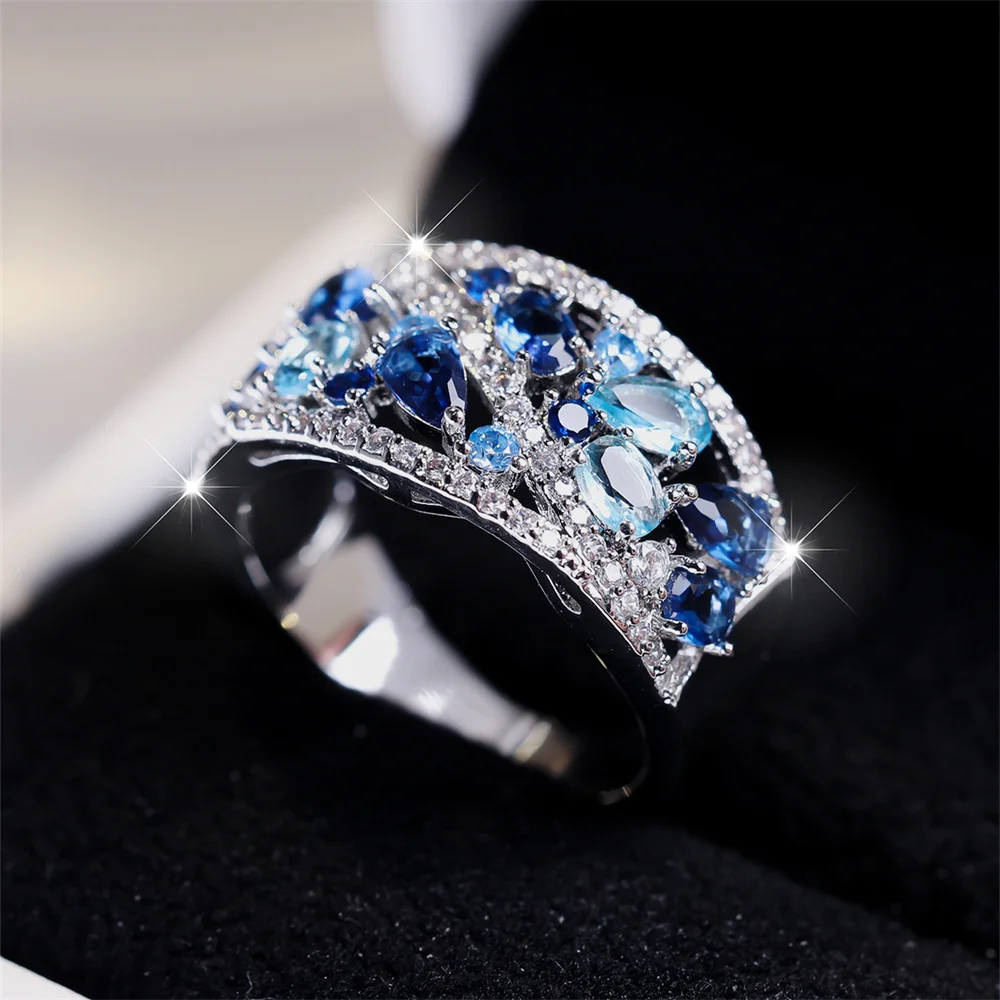 Royal Blue Crystal Water Drop Stone Ring Simulierte Aquamarin Verlobungsringe für Frauen Vintage Silber Farbe Hochzeit Party Band – Detail 3