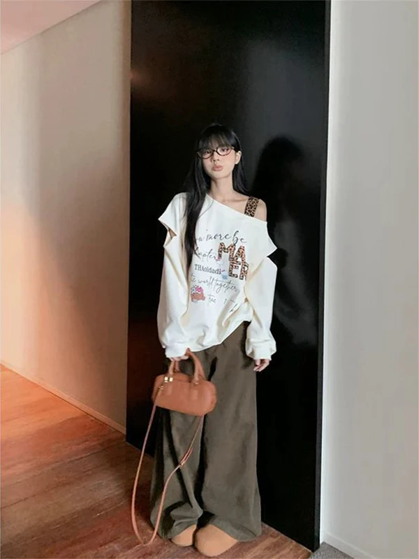 

plus Size 300 Pou Lazy Sle Letter Print Oblique oulder Sweatirt Women's Loose Design Trendy oulder Exposure Top