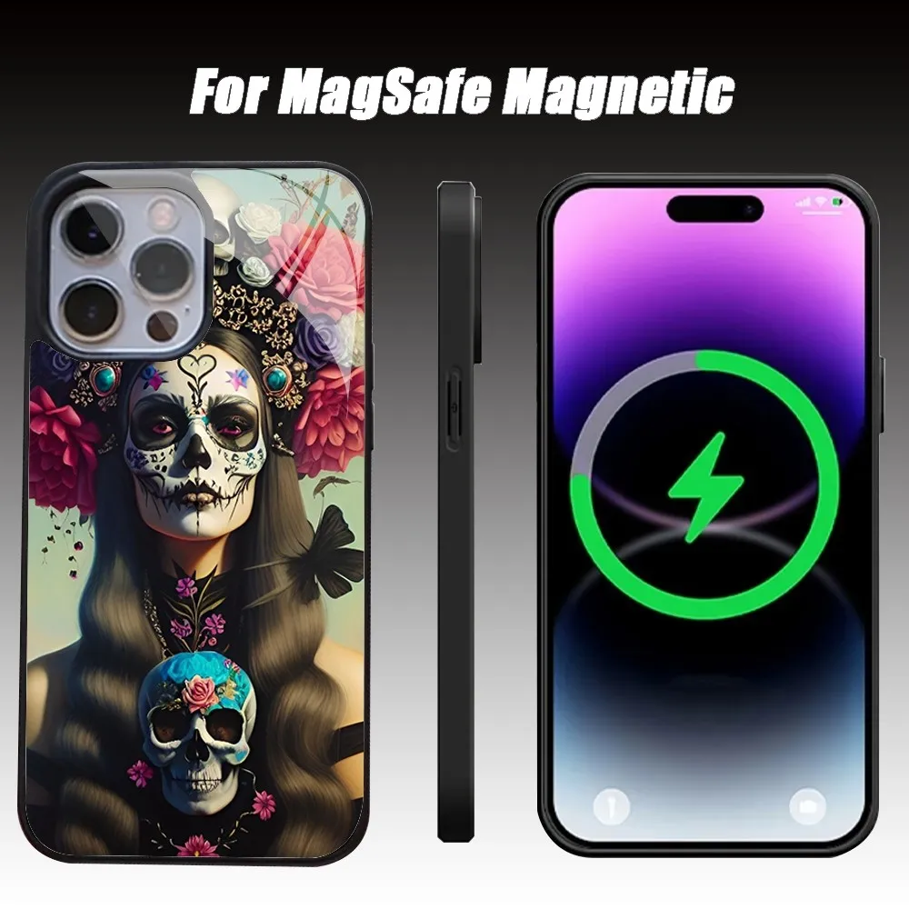 Mexican Catrina Skull Girl Phone Case For IPhone 15 14 13 Pro Max 11 12 Mini Alex Mirror For Magsafe Wireless Charging Cover