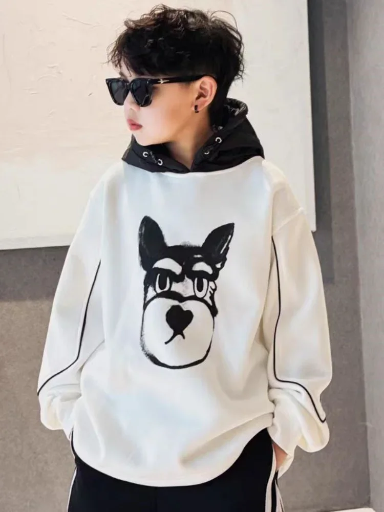 

2025 autumn and winter boys' hoodie new style children's hooded western-style cartoon top boys' one-piece velvet warm jacket