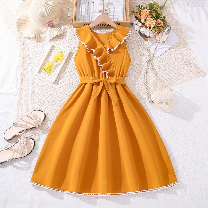 Kids Casual Dress for Girls Clothes Summer New Children Fashion Yellow Ruffles Sleeveless A-line Elegant Princess Dress 7-14Y