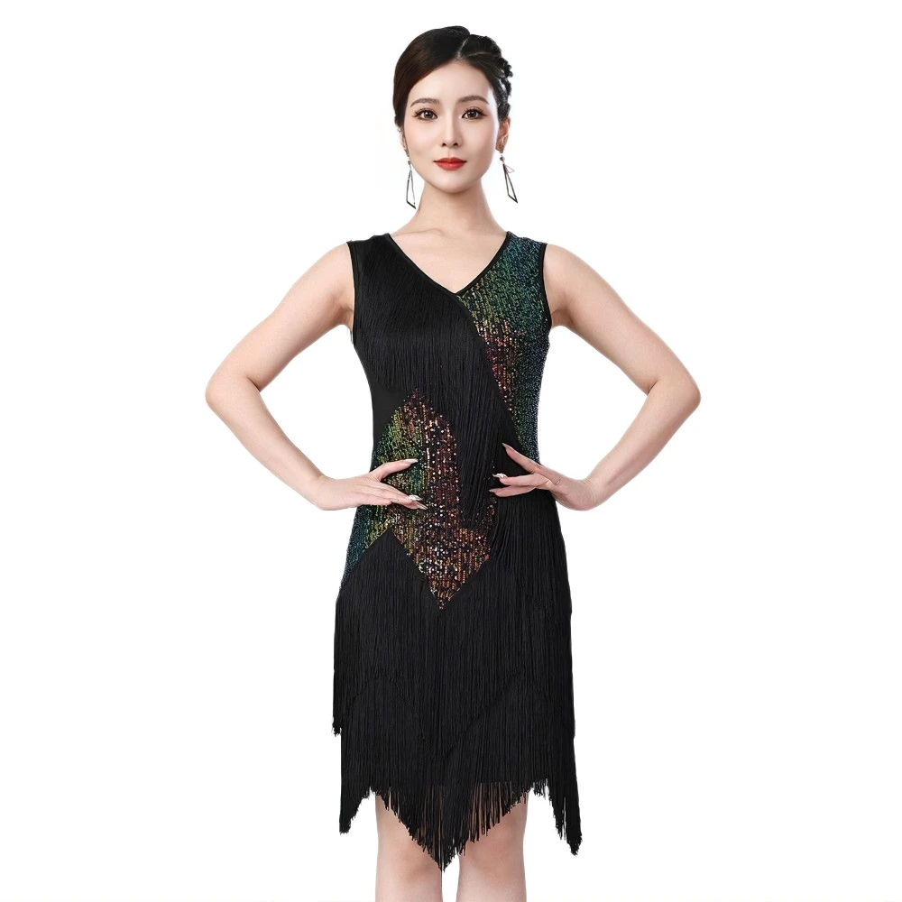 Sleeveless V-Neck Latin Dance Dress for Women, Sequined Fringe Ballroom Salsa Tango Stage Wear