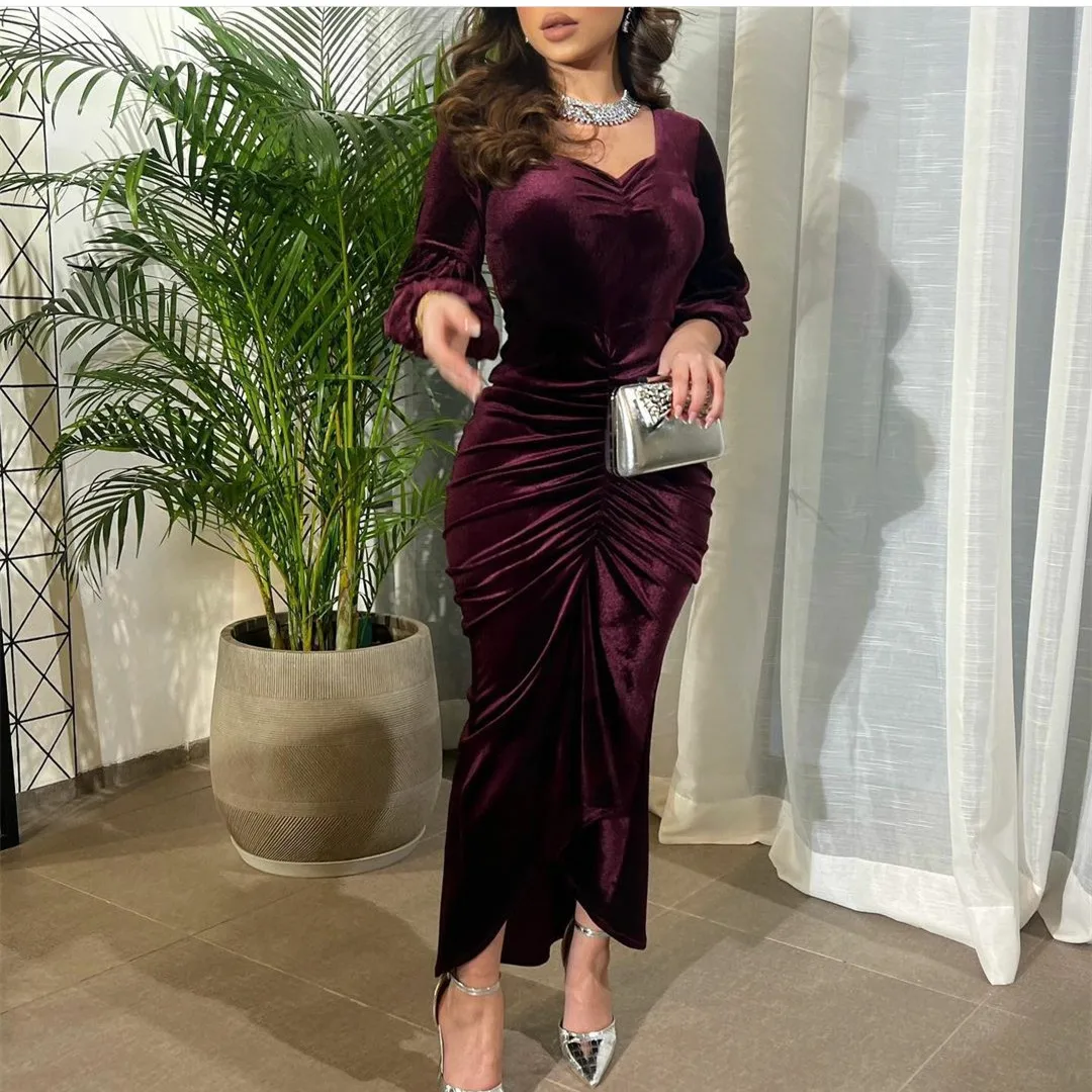 

Formal Long Sleeve Cocktail Party Dress for Teens Sheath Velvet Sweetheart Prom Dresses for Women Midi Length vestido de coctel