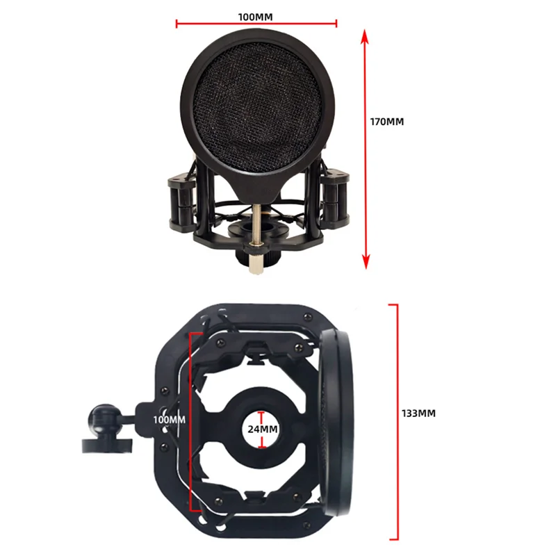 1 قطعة حامل تثبيت احترافي للصدمات مع شاشة مرشح بلاستيك أسود + معدن لميكروفون مكثف