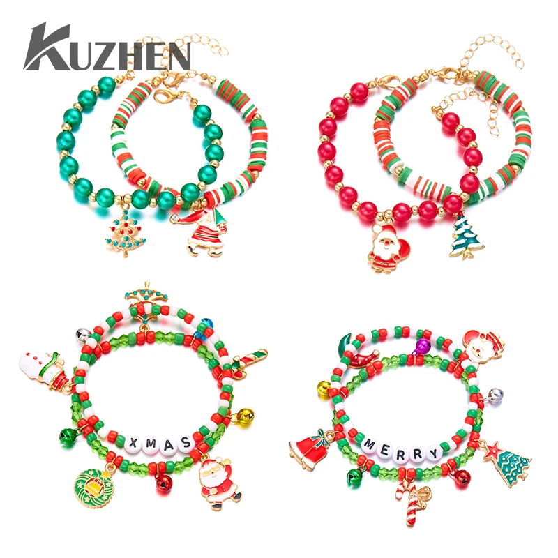 2Pcs Fashion Handmade Beads Bracelet Christmas Tree Bell Deer Pendant Bracelet For Women Girl Friendship Party Holiday Jewelry