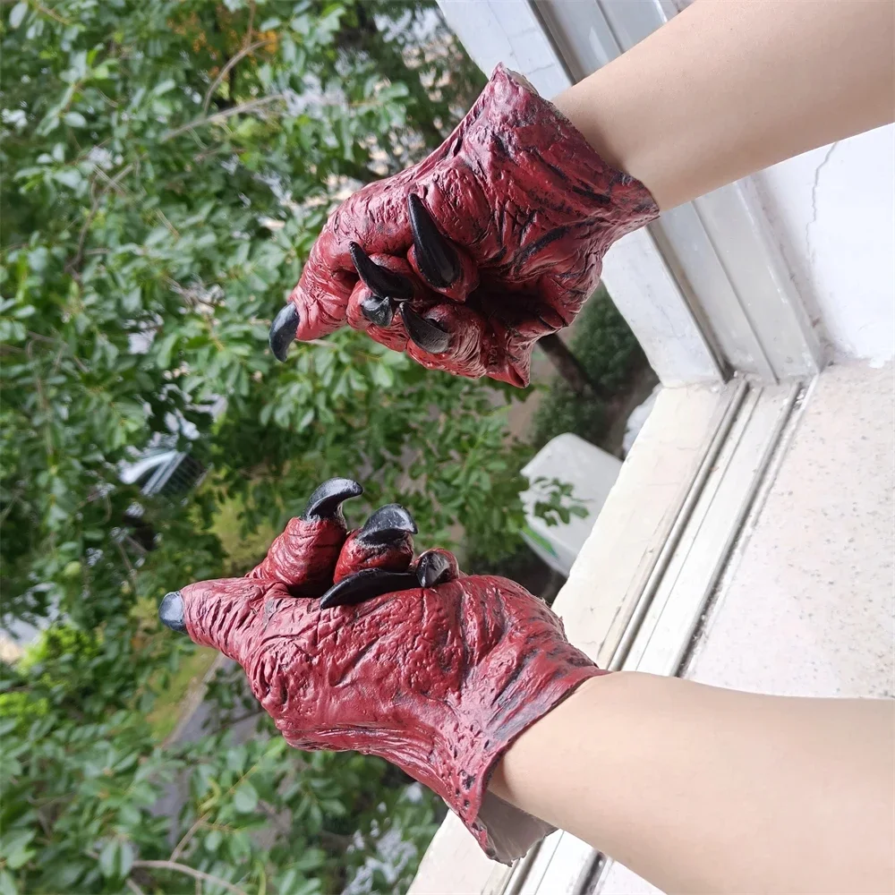 Máscaras de látex de cara completa de monstruo de terror, sombrero de fantasma aterrador, Cosplay, rey demonio rojo, máscara de diablo con guantes rojos, utilería para fiesta de Halloween