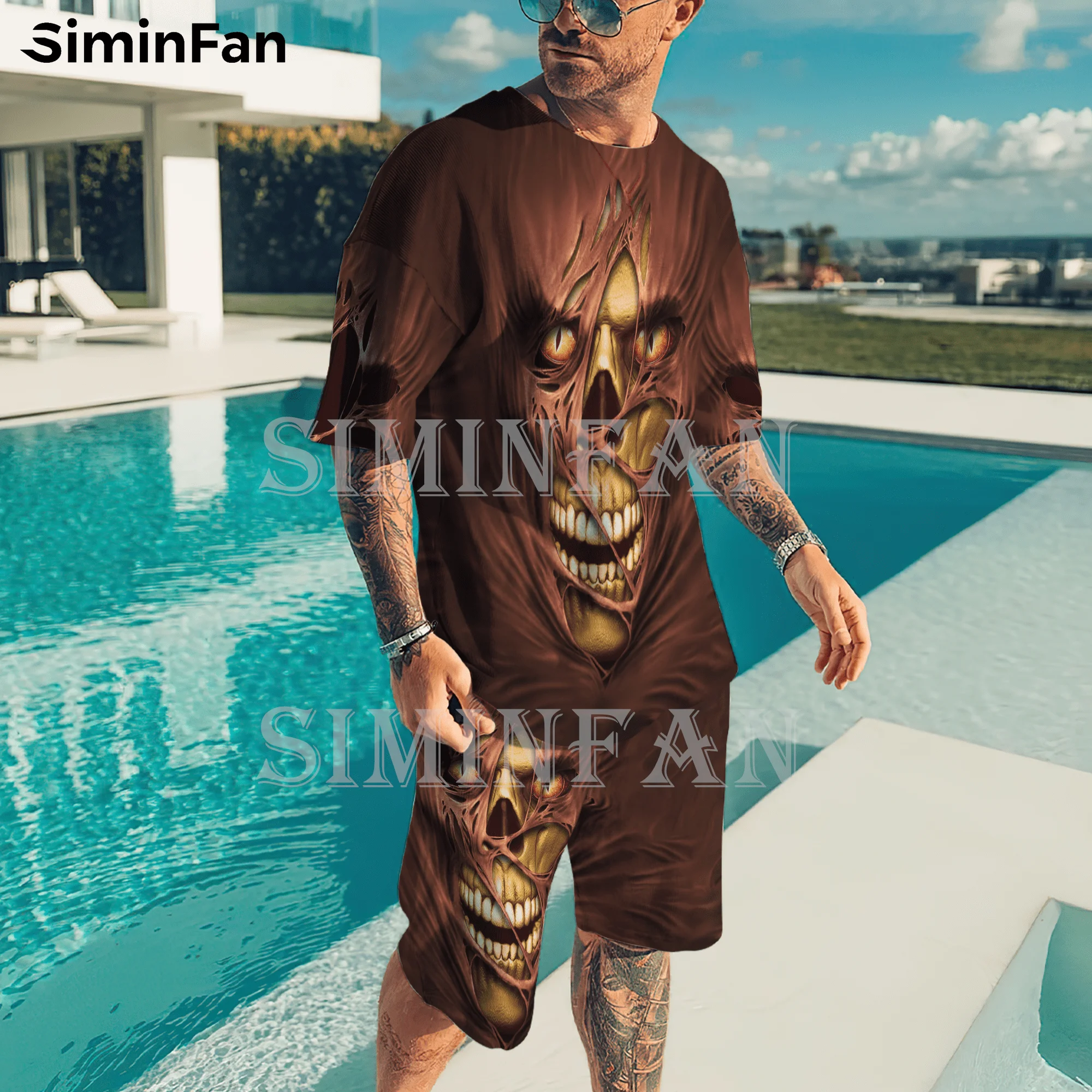 Reaper Skull Yin Yang 3D Printed Mens T-Shirts Beach Shorts Set Summer Male Suit Tracksuit Two-Piece Sportswear Casual Tees Tops