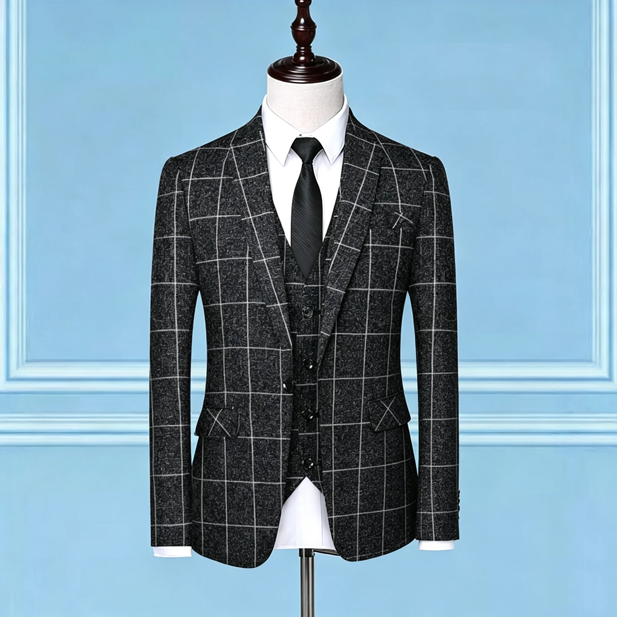 Men's Dark Navy Tweed Suit Jacket with White Windowpane Plaid Textured Surface Classic Fit Professional Business Casual Wear