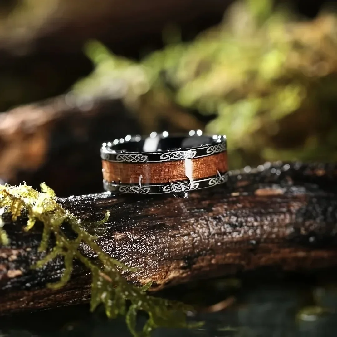 Men Fashion 8mm Stainless Steel Koa Wood Rings for Men Nordic Viking Infinity Intertwined Cross Celtic Knot Ring Wedding Jewelry