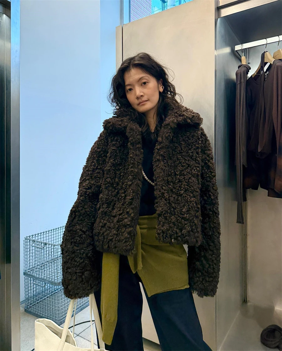 PREON ort Collar Furry Jaet Premium Quali Herbst Winter Damen Faion Loose Fit Polyesterfaser Oberbekleidung