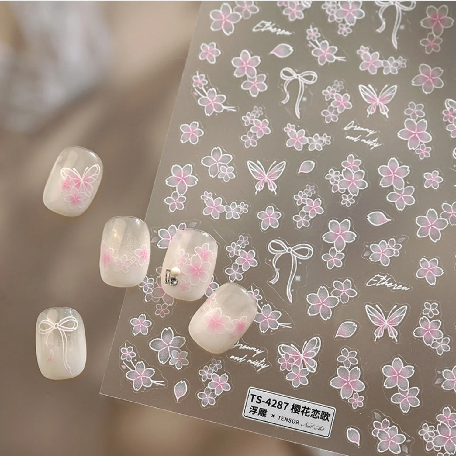 Cherry Blossom Love Song 5D Nail Art Stickers Japanese Pink White Gradient Flower Butterfly Ribbon Bow Self Adhesive Nail Decals