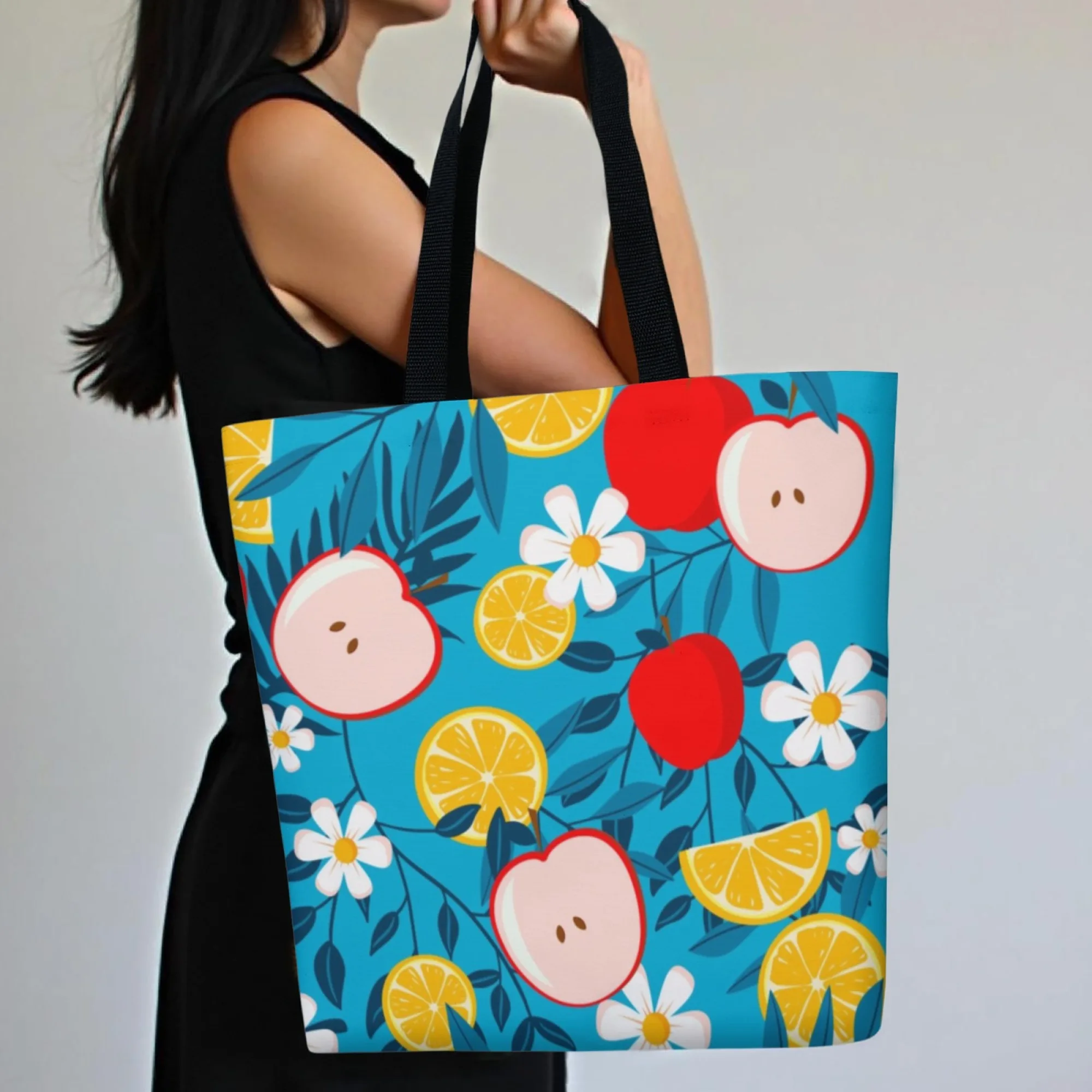 حقيبة تسوق قماشية من قماش التفاح والليمون الأزرق، حقيبة تسوق صيفية طازجة قابلة لإعادة الاستخدام للنساء مثالية لرحلات السوق اليومية