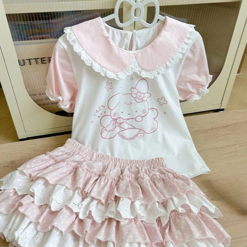 Soft Girl Cute Ruffled Edge Design Skirts Cuteore Polka Dot Spliced Lace Cake Skirt Japanese Style Fluffy Short Skirt for Women