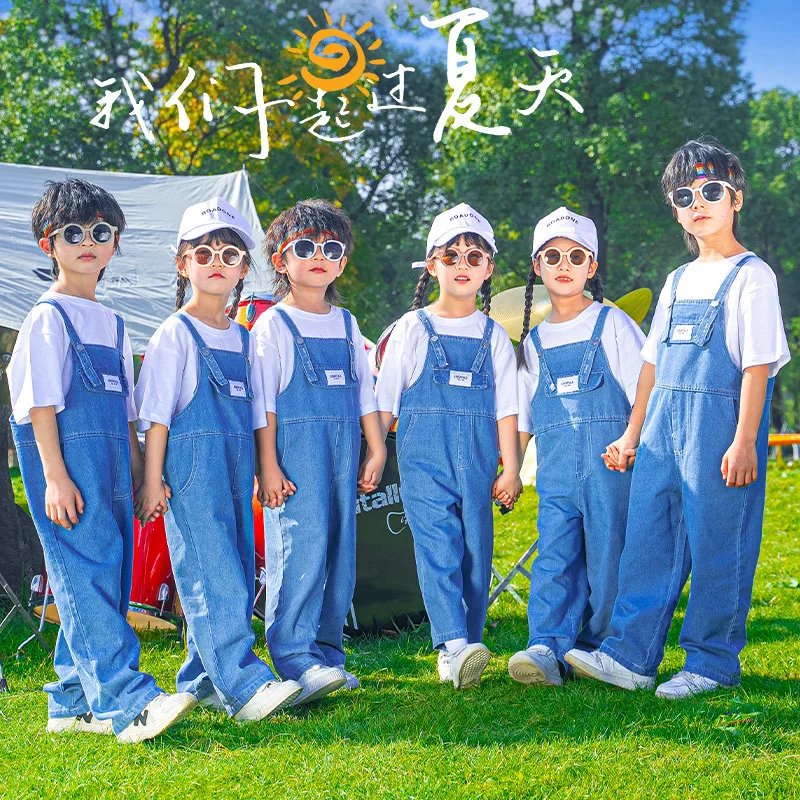 Kids Cheerleading Hip Hop Dance Set Girls White T-Shirt Performance Class Costume Boys Stage Fashion Blue Denim Bib Pants