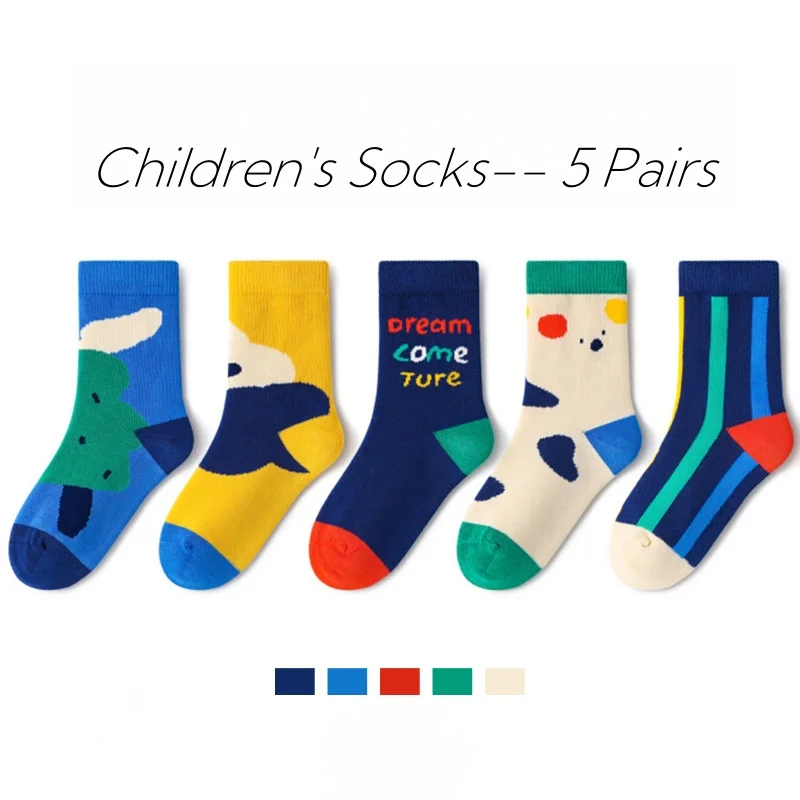 5 Paar Kinder-Crew-Socken in Kontrastfarben, 2-12 Jahre, Baumwollsocken für Jungen, weich, atmungsaktiv, Kinder-Mittellangsocken – Detail 4