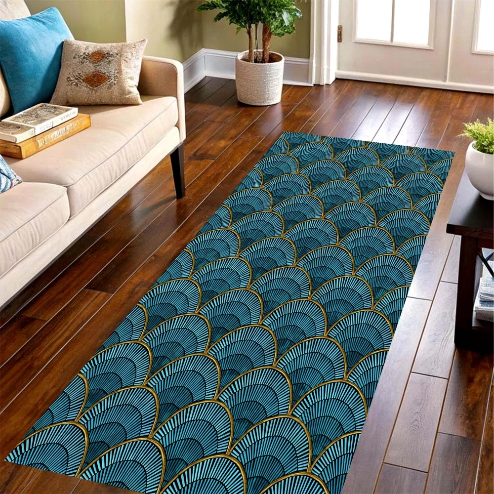 Commercial Kitchen Tile Flooring - Teal Scale Geometric Long Runner Rug,wave