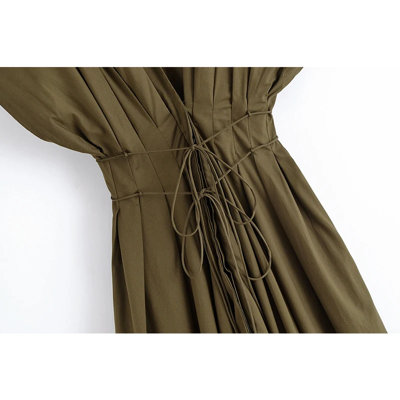 YENKYE レディース プリーツ Aライン ミディ丈ワンピース 半袖 Vネック ベルト付き サマードレス 2025 オフィスレディー 通勤 ストリート ワンピース