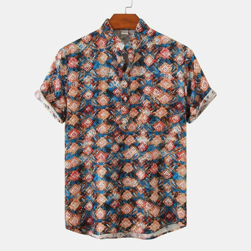 Summer New Foreign Trade Pattern Beach Short-sleeved Shirt European and American Summer Camouflage Printed Shirt Men Comfort