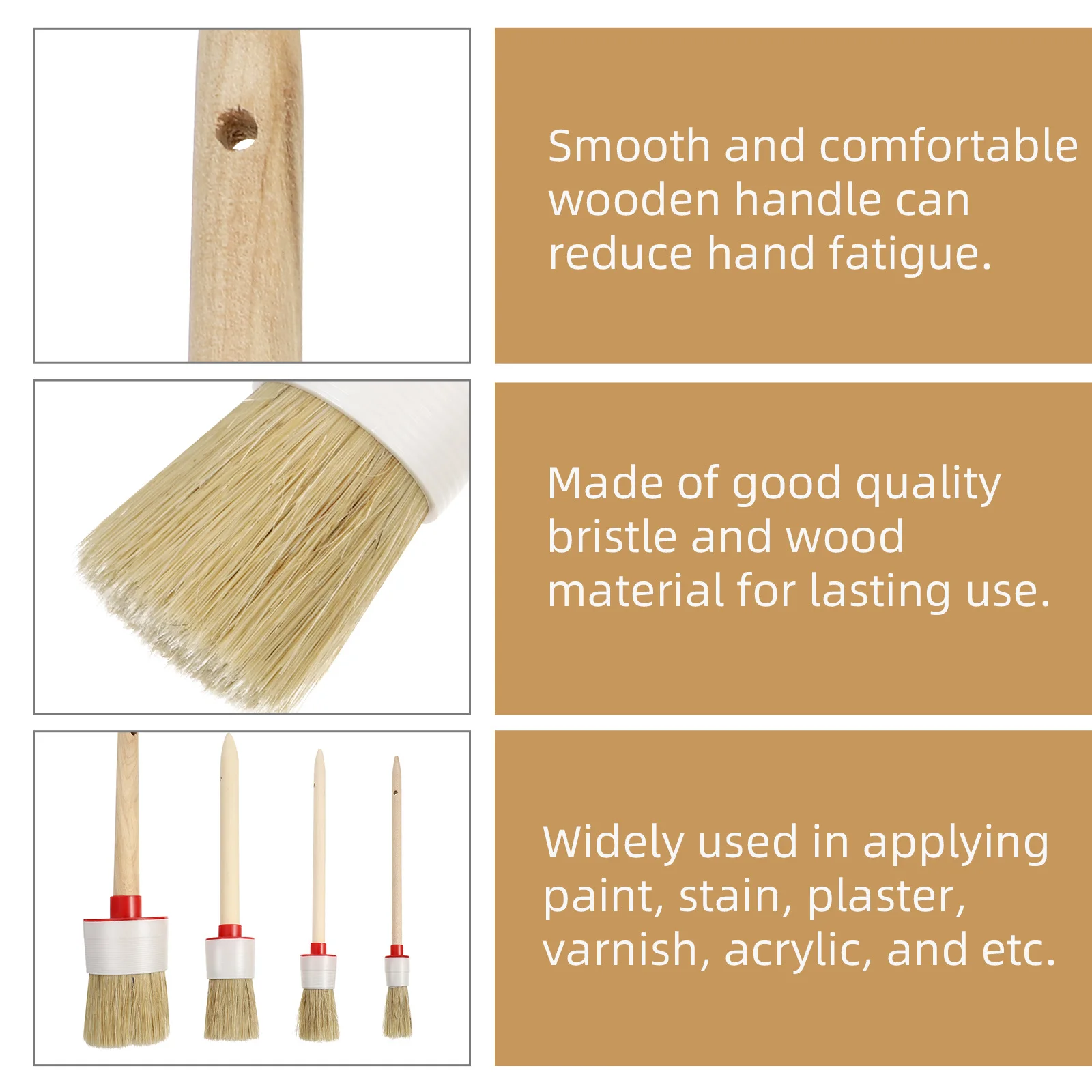 

4Pcs Pig Bristle Paint Brushes Wooden Handle Durable Flexible Varnish Brush Set Household Cleaning Tool for Furniture Stain