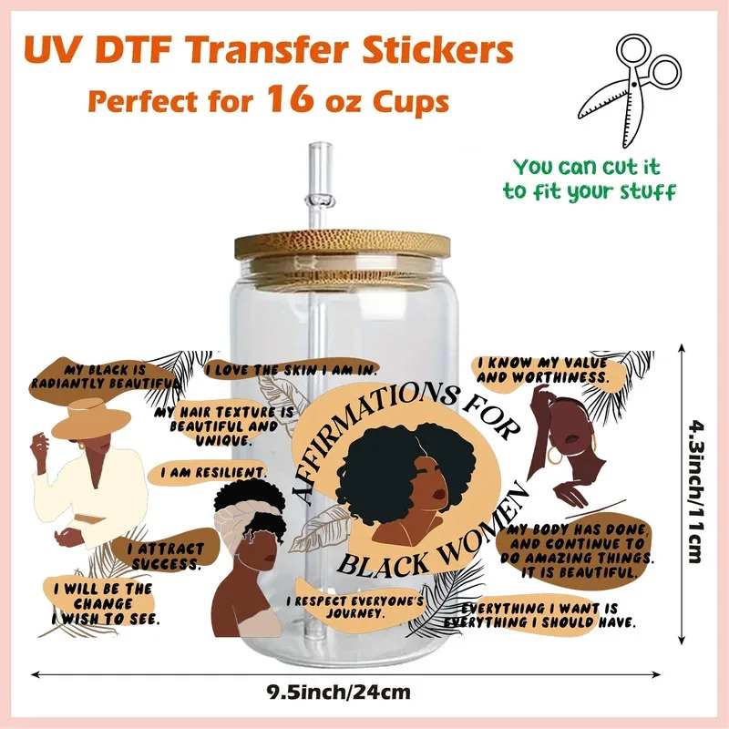 Hot Sale Black History Women UV Sticker Party DIY Decals 3D transfers uvdtf tumbler seal stickers 16oz uv dtf cup wraps