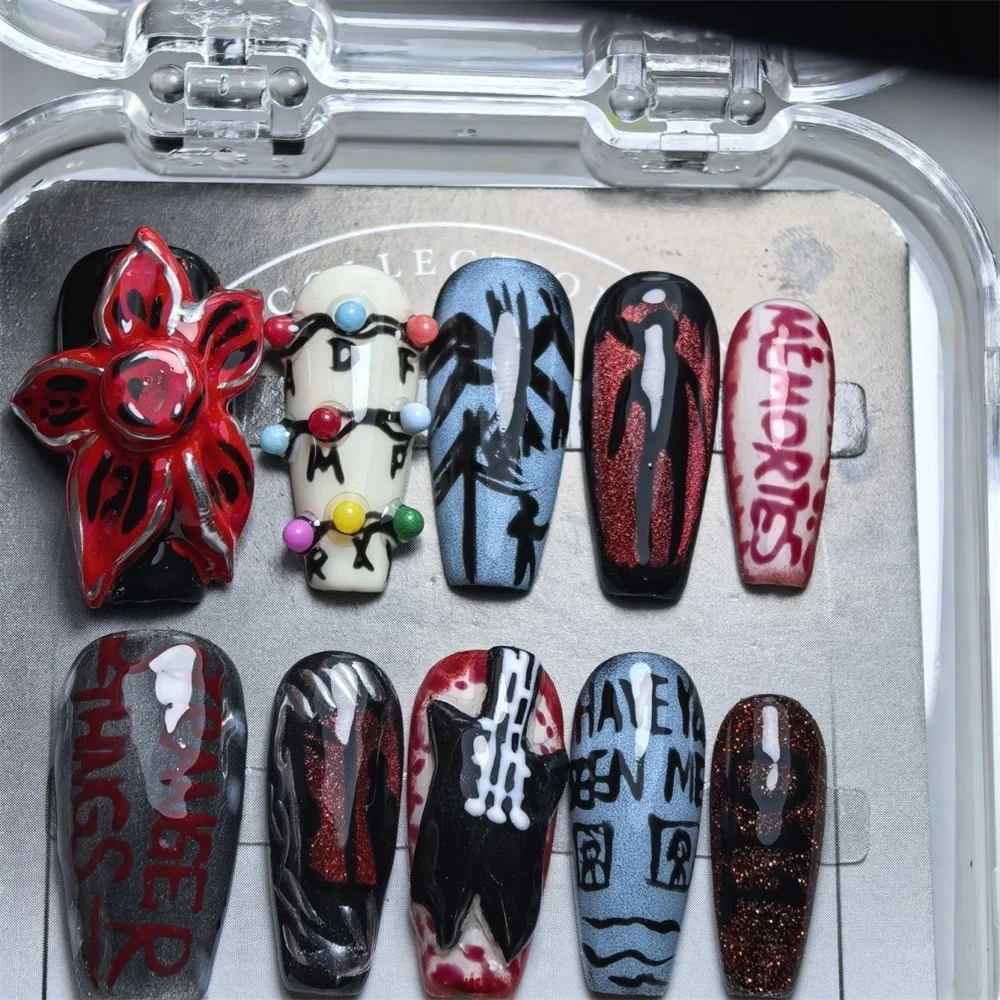 

10 шт., пресс для ногтей, чистая ручная работа, 3D резьба по цвету, темный стиль, роза, цветочный темный Лолита, дизайн ногтей, многоразовые съемные накладные ногти