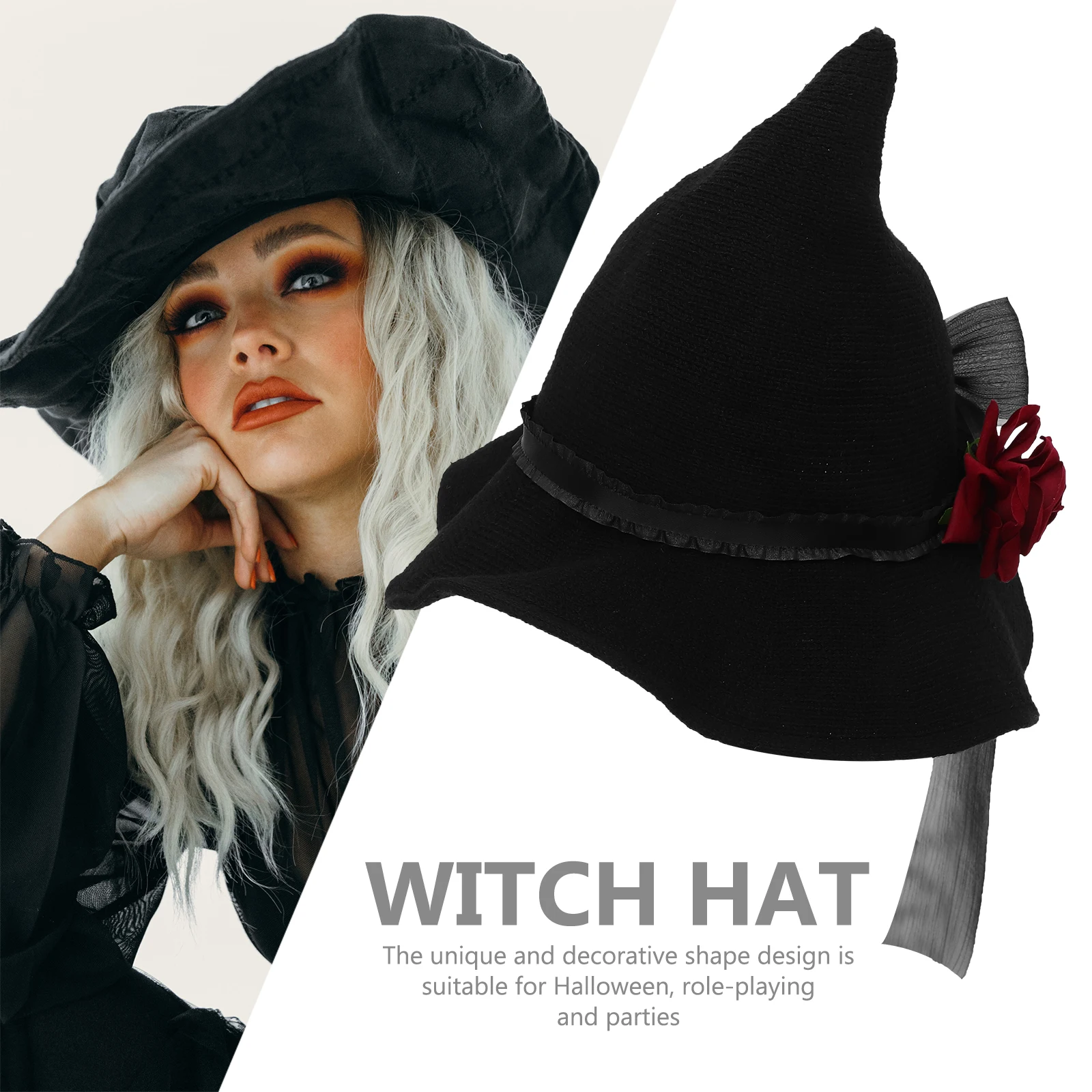 

Witch Hat Black Cloth Material Large Bow Rose Design Halloween Costume Party Accessories Decorative Witches Cap