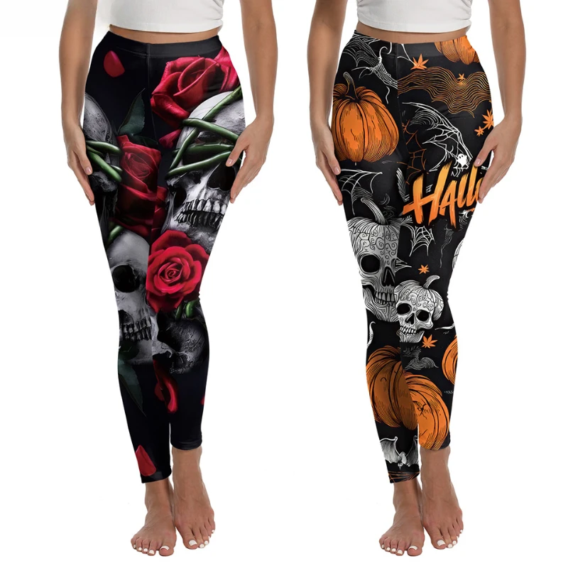

New Arrival Halloween Party Skull Rose Pumpkin Print Graphic Bottom for Women Fitness Workout Festive Leggings Outfit
