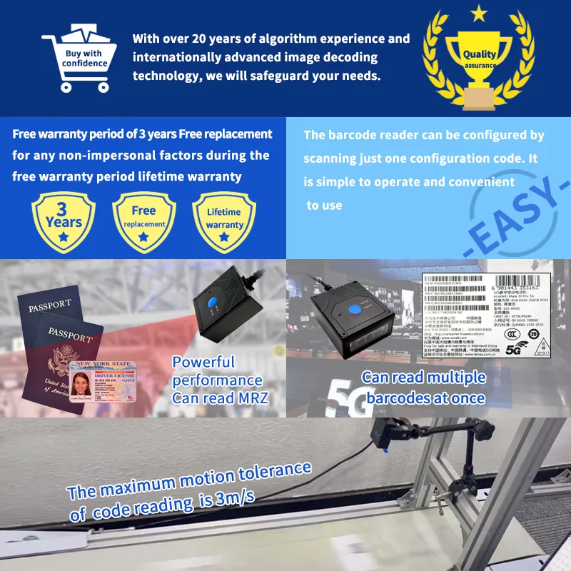 Long Range Barcode Reader EMT6432Pro PDF417 QR Code USB Fixed Barcode Scanner for Express Logistics