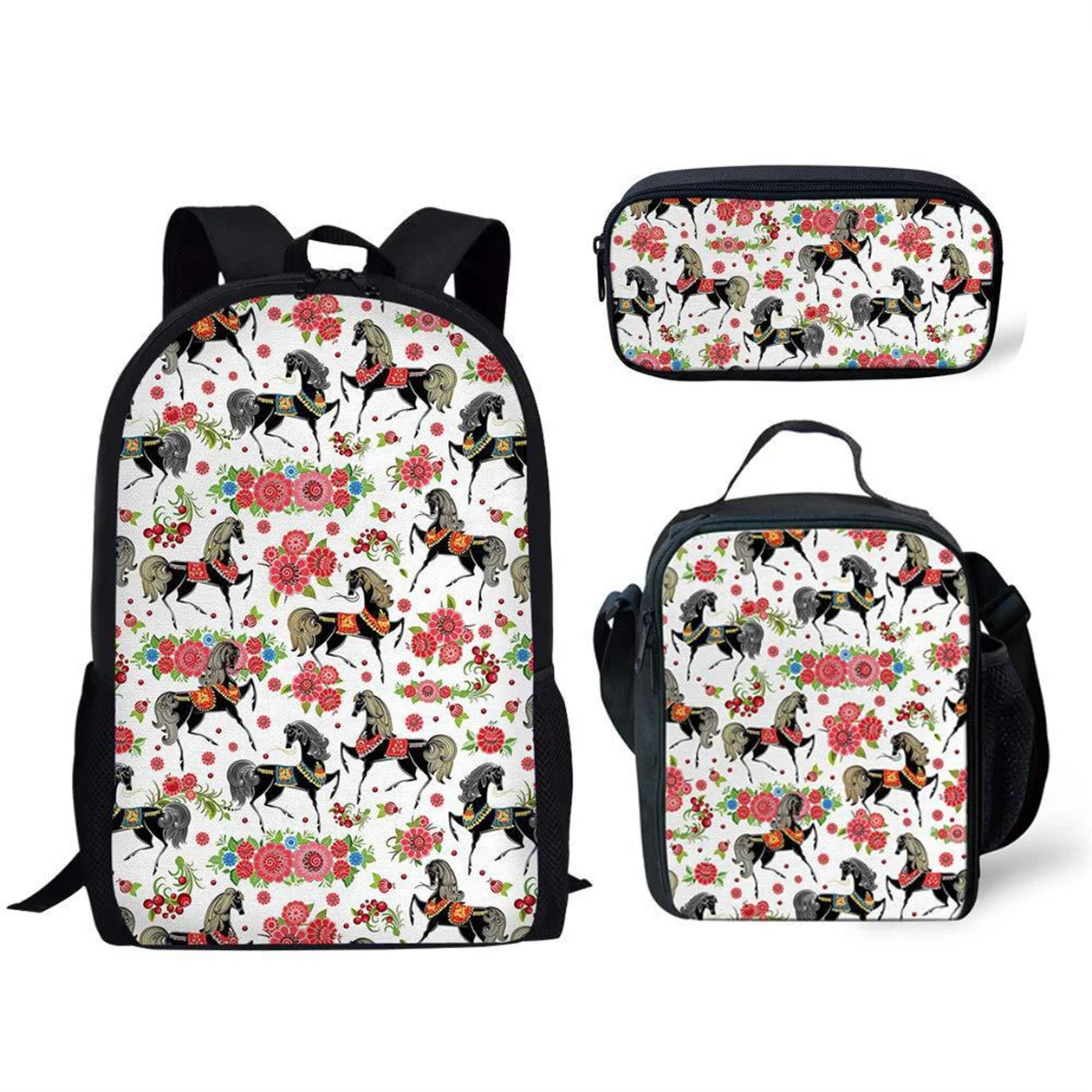 Animal Horse Backpack 3pcs Set, School Bag Horse Print Backpack Boys Girls Travel Rucksack Backpack with Lunch Bags,Pencil Bags