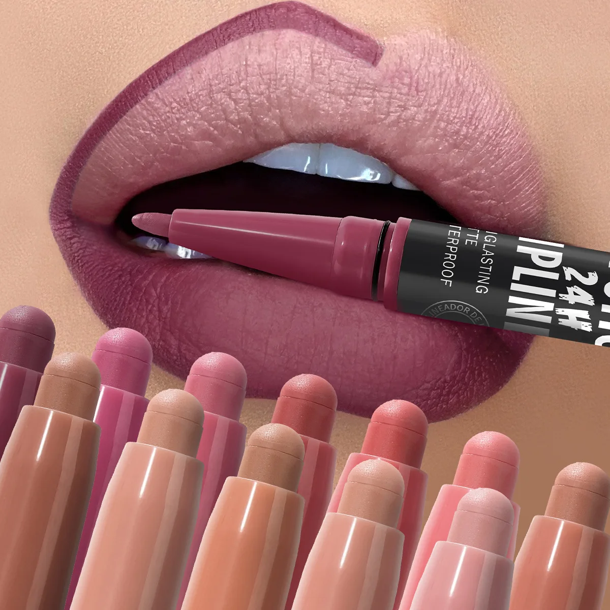 Waterproof Lipstick Lip Liner Contouring Crayon Non-stick Cup 2 IN 1 Double Headed Lipstick Matte Nude Sexy Lipliner Pen Makeup