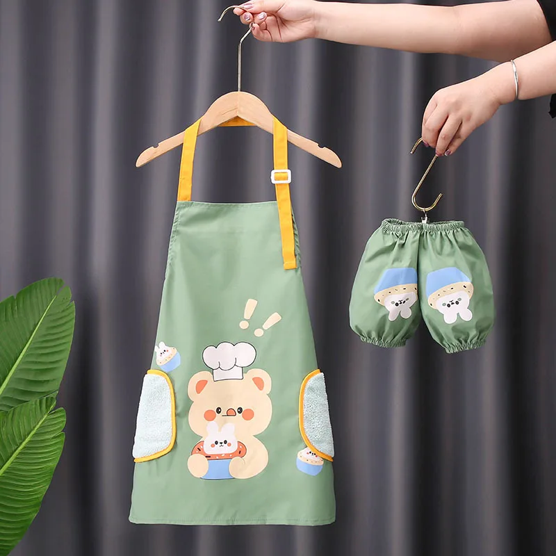 3-12Y Children Apron with Sleeve Set Waterproof Art Smock Painting Apron for Boys Girls Wipe Hands Kindergarten Child Eating Bib