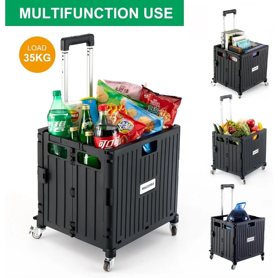 Folding Utility Cart Portable Rolling Crate Handcart Shopping Trolley Collapsible Tool Box with Lid Basket on 4 Rotate Wheels f