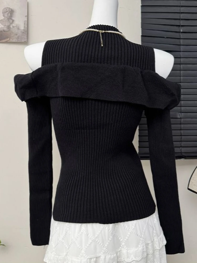 French Sexy Off Shoulder Long Sleeve Sweater Women Half Turtleneck Pullovers Harajuku Ruffle Black Chic Korean Popular Clothes