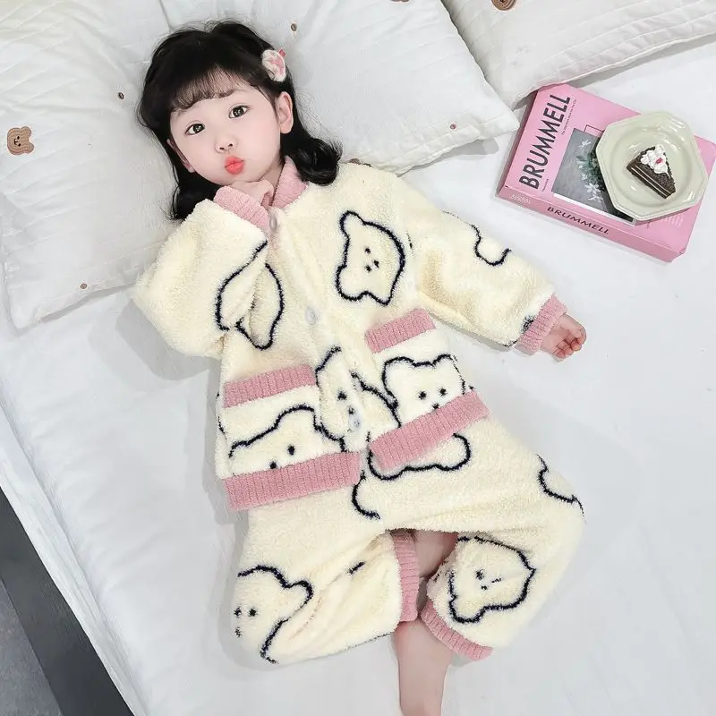 Langarm-Nachtwäsche-Set für Mädchen, Herbst/Winter 2022, neues Korallensamt, Damen-Baby-Kleidungsset aus dickem Flanell für Kinder zu Hause