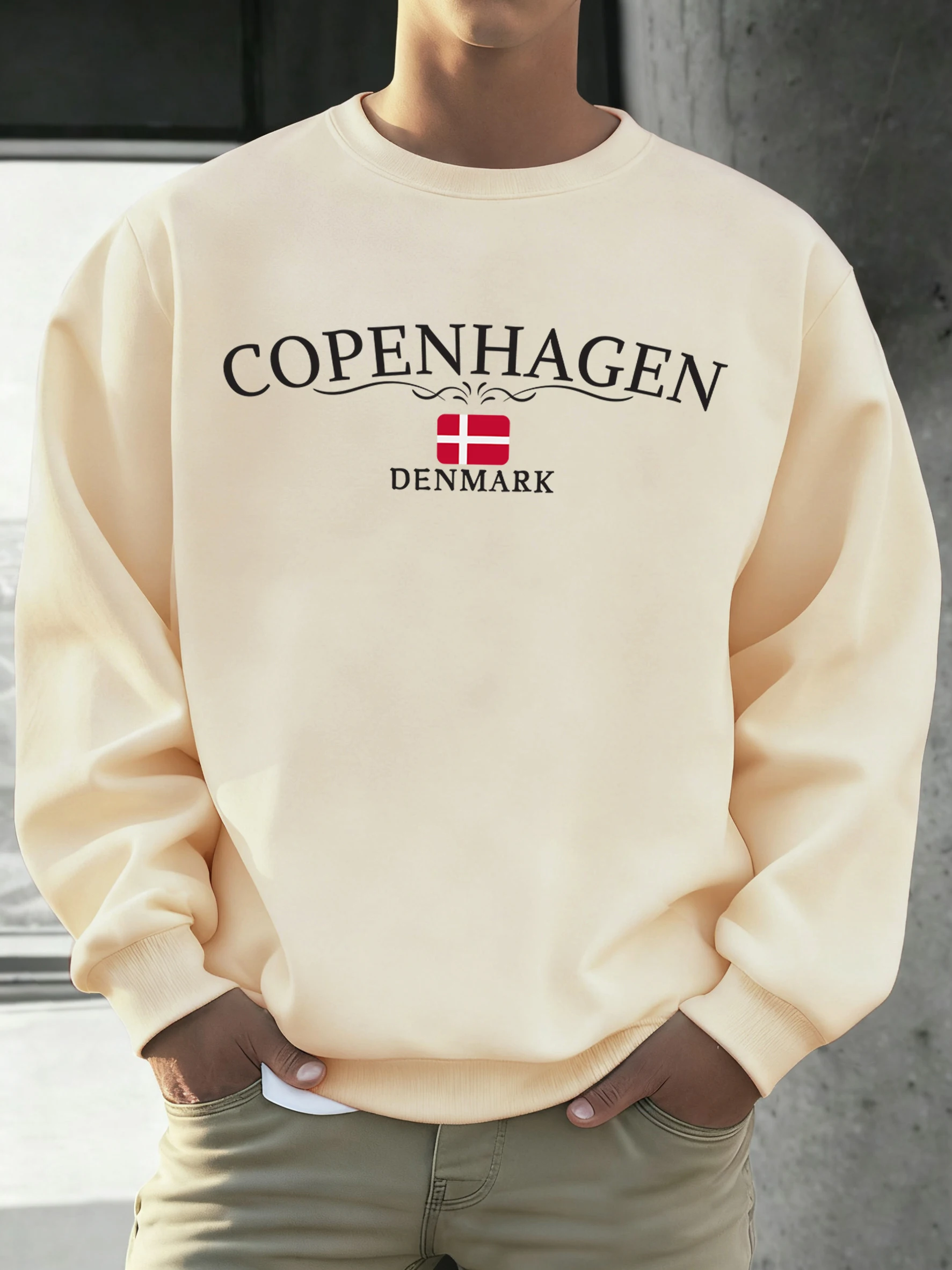 Caopnhagen Dänemark Flagge Muster Herren Weiches Sweatshirt Fleece Kleidung Retro Trendy Top All-Match Lose Kleidung Unisex Pullover