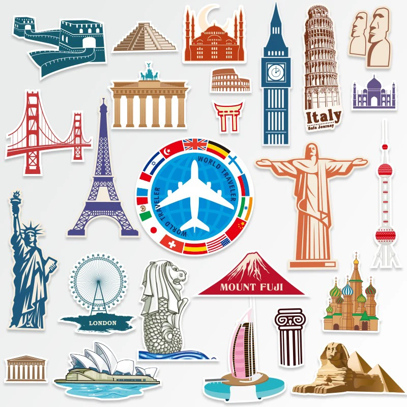 25 Pcs Luggage Stickers Sets European and American City Landmark Suitcase Sticker Retro Architecture Waterproof Sticker