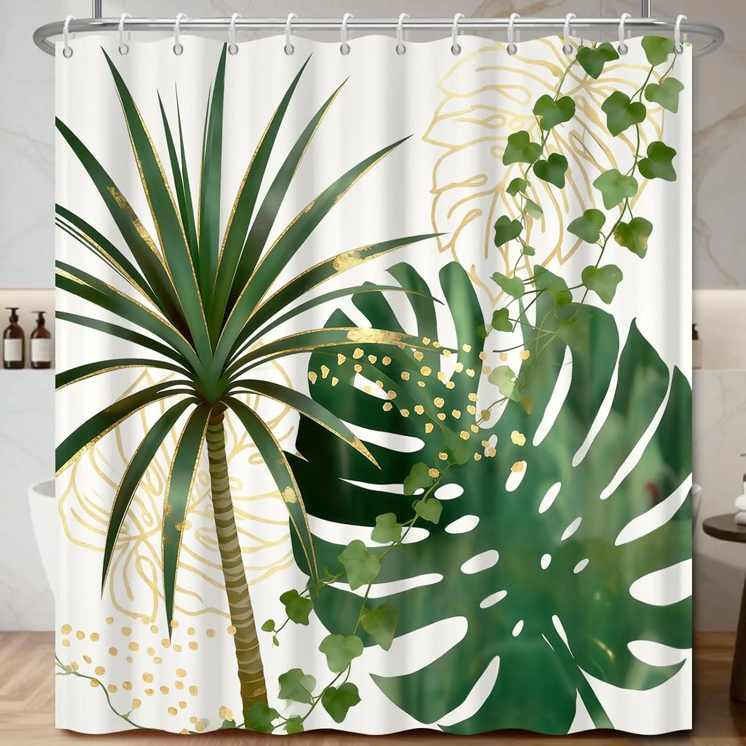 Boho Tropical Jungle Shower Curtain Greenery Decor with Palm Leaf Monstera Leaves Nature Aesthetic Bathroom Wall Art Panel