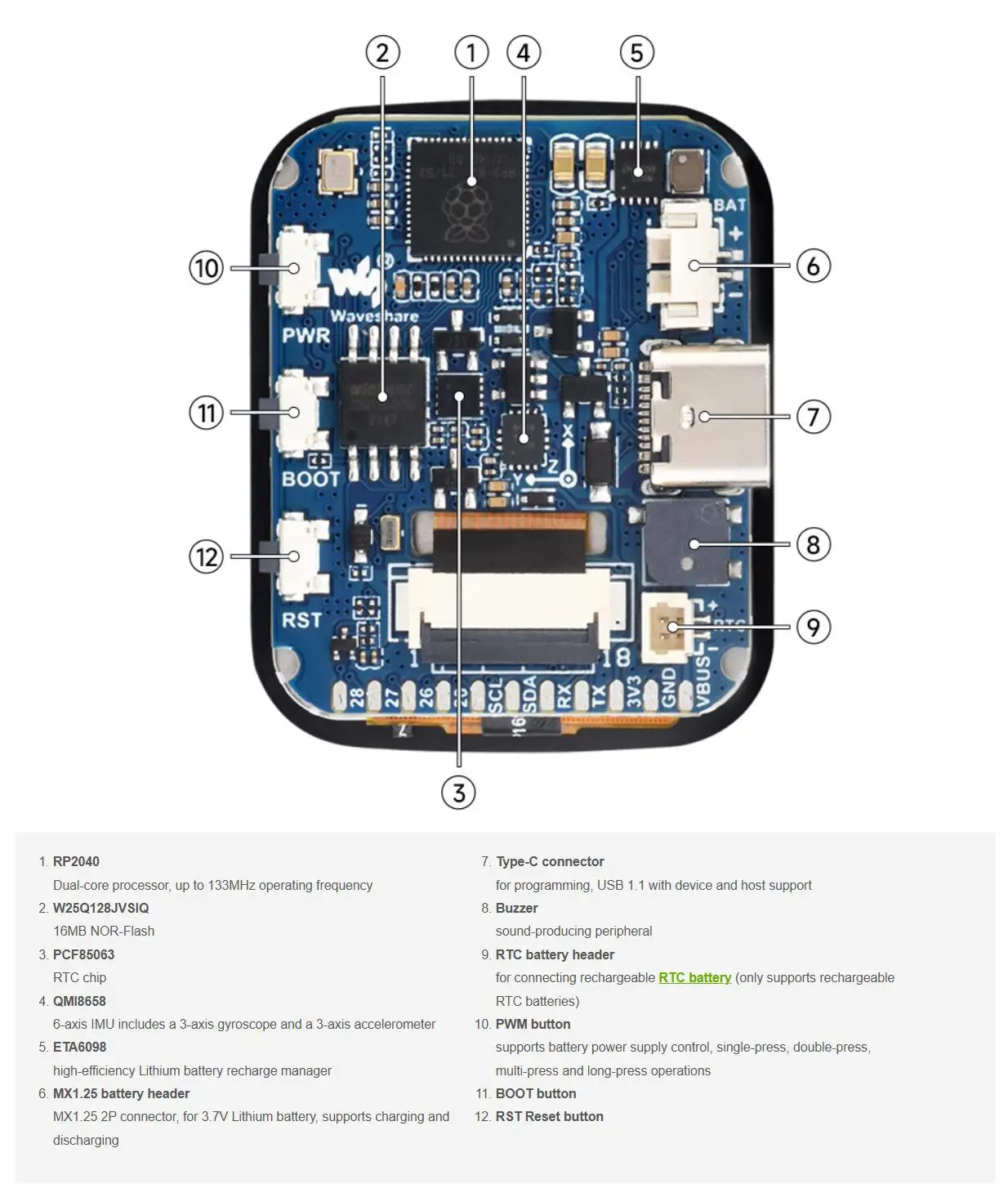 RP2040 Microcontroller Development Board, with 1.69inch Touch LCD, Rounded Corners