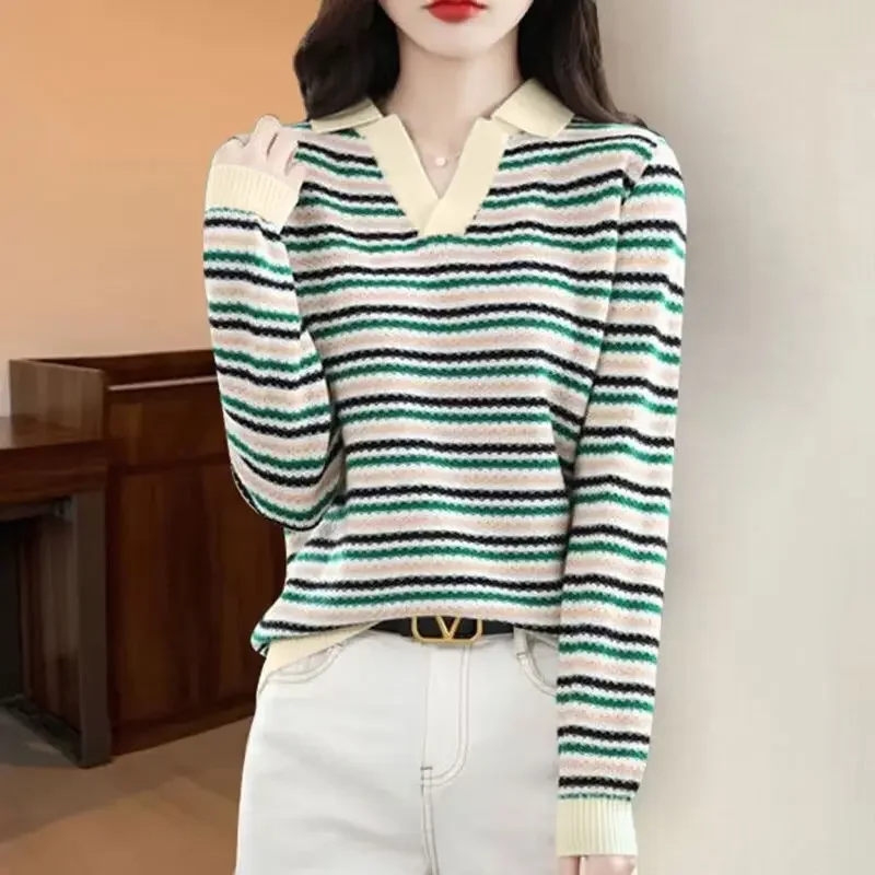 

Spring New Fashion V-neck Stripe Polo Neck Sweater Women's Print Patchwork Casual Versatile Pure Cotton Pullover Long Sleeve Top