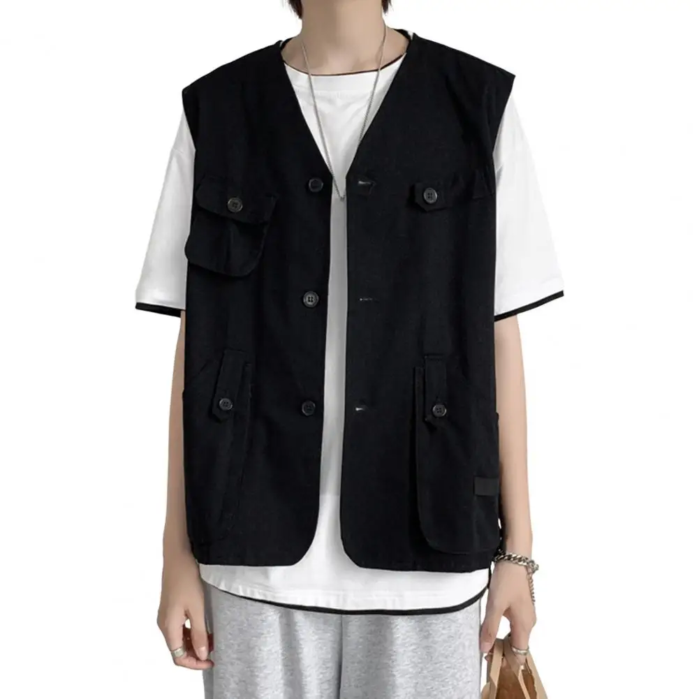 

Solid Color Men Vest Men's Casual Collarless Sleeveless Waistcoat with Multi Pockets Buttons Closure Thin Style Solid Color