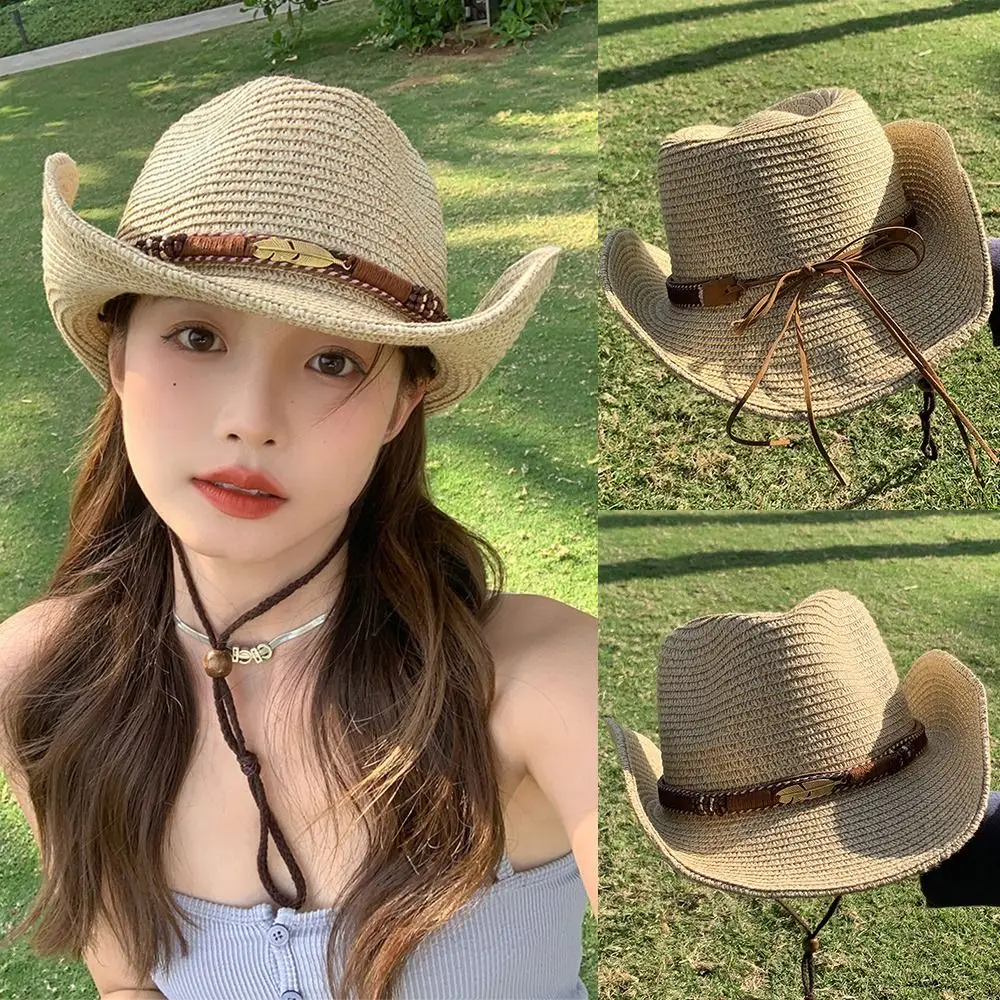 

Retro Summer Western Cowboy Hats Hiking Vacation Straw Cowgirl Hat Travel Wide Brim Sunscreen Visor Cap Unisex